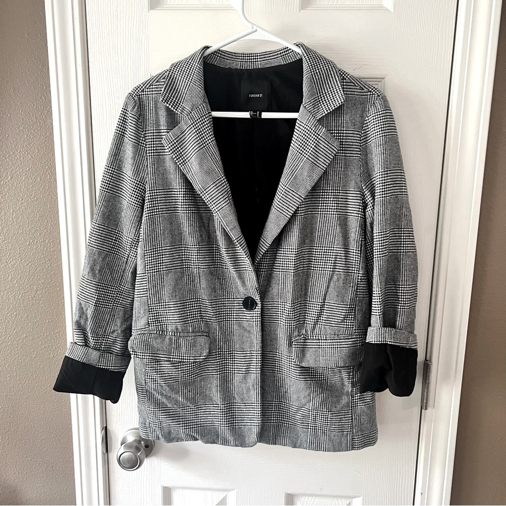 Black and Gray Plaid Blazer